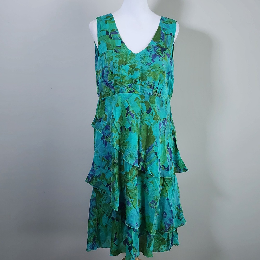 Tiered Dress Womens Medium Green Abstract Floral Artsy Forestcore Fairy Mossy